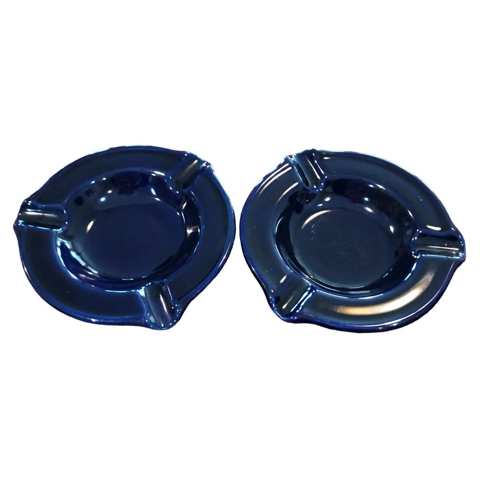 Vintage MCM Hall Pottery Ashtrays lot of 2 Ceramic Cobalt Blue Round No 615